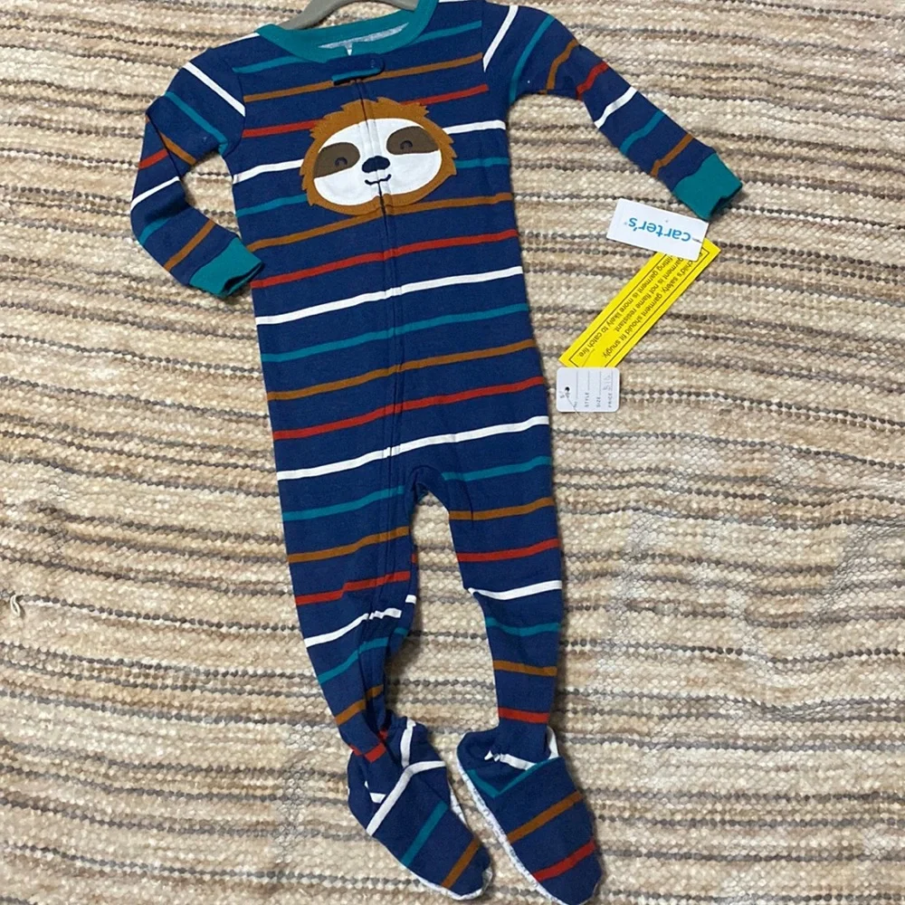 Carters Baby Boy Blue Striped Sloth Fleece Footed Pajamas Sleeper Zip Up 18M